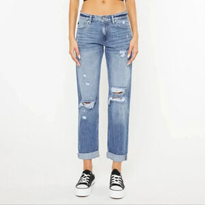 KanCan Boyfriend Jeans Distressed Medium Wash Cuffed Cropped Size 11 29 NWT